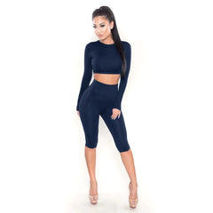 Casual Long Sleeve Crop Top and Yoga Shorts Set