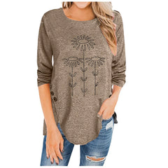 Irregular Button Long-Sleeved Printed Women's T-Shirt
