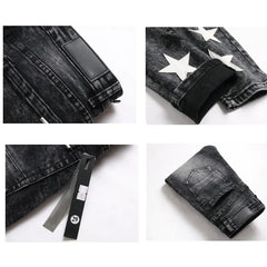 Embroidered Men's Jeans - Slim Fit Motorcycle Style
