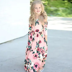 Girls' Long Dress with Floral Print and Round Neck