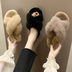 Cross Faux Fur Slippers with Flat Design