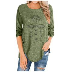 Irregular Button Long-Sleeved Printed Women's T-Shirt