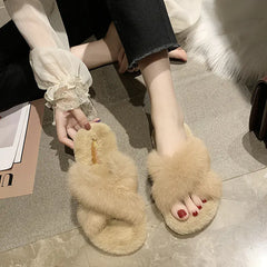 Cross Faux Fur Slippers with Flat Design