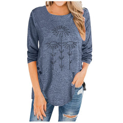 Irregular Button Long-Sleeved Printed Women's T-Shirt