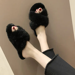 Cross Faux Fur Slippers with Flat Design