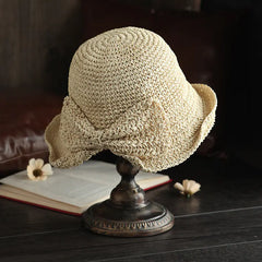 Summer Women's Sun Hat with Bow - Foldable Beach Cap