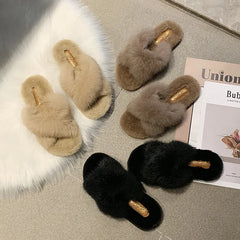 Cross Faux Fur Slippers with Flat Design