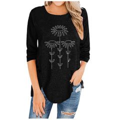 Irregular Button Long-Sleeved Printed Women's T-Shirt