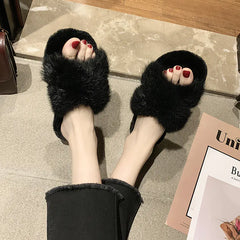 Cross Faux Fur Slippers with Flat Design