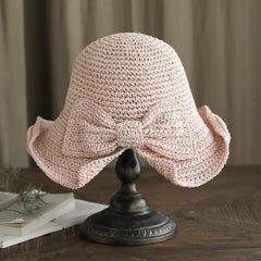 Summer Women's Sun Hat with Bow - Foldable Beach Cap