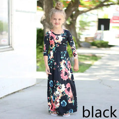 Girls' Long Dress with Floral Print and Round Neck