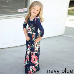Girls' Long Dress with Floral Print and Round Neck