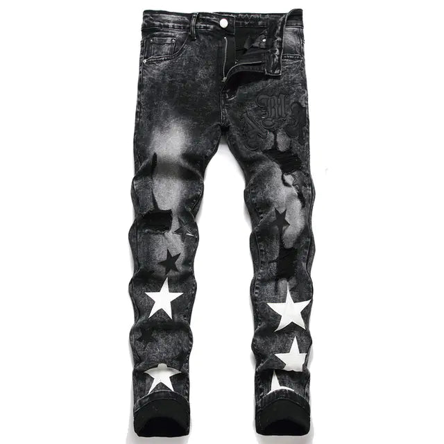 Embroidered Men's Jeans - Slim Fit Motorcycle Style