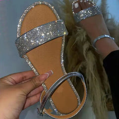 Large Size Women's Summer Flat Sandals with Rhinestones
