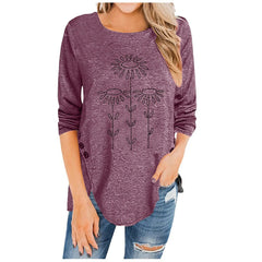Irregular Button Long-Sleeved Printed Women's T-Shirt