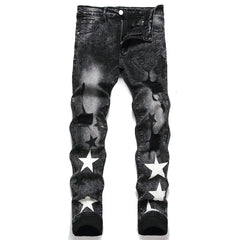 Embroidered Men's Jeans - Slim Fit Motorcycle Style