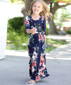 Girls' Long Dress with Floral Print and Round Neck