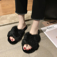 Cross Faux Fur Slippers with Flat Design