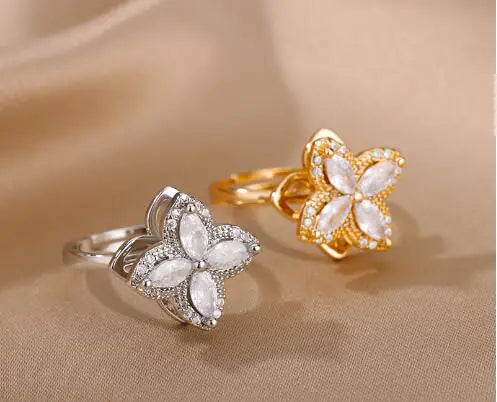 Zircon Heart Four Leaf Clover Spinner Ring for Women