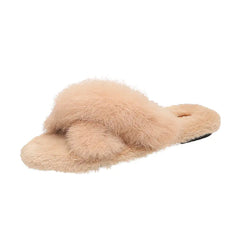 Cross Faux Fur Slippers with Flat Design