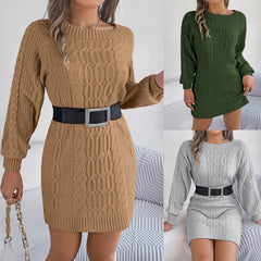 Solid Color Twist Lantern Sleeve Woolen Skirt