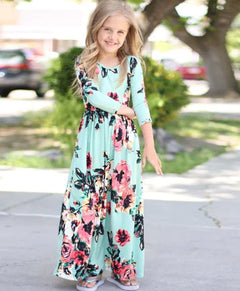 Girls' Long Dress with Floral Print and Round Neck