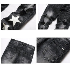Embroidered Men's Jeans - Slim Fit Motorcycle Style