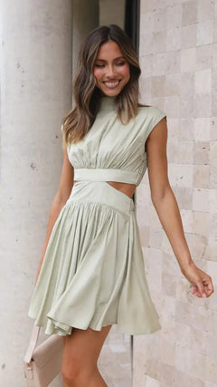 Summer Sweet Solid Color Waist-Cinched Dress 23007