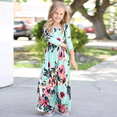 Girls' Long Dress with Floral Print and Round Neck