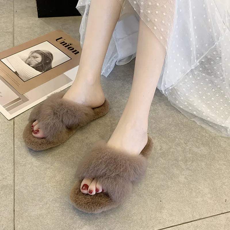 Cross Faux Fur Slippers with Flat Design