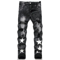 Embroidered Men's Jeans - Slim Fit Motorcycle Style